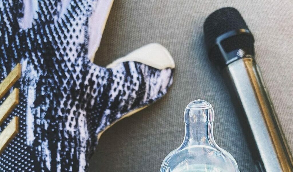 bottle, soccer glove