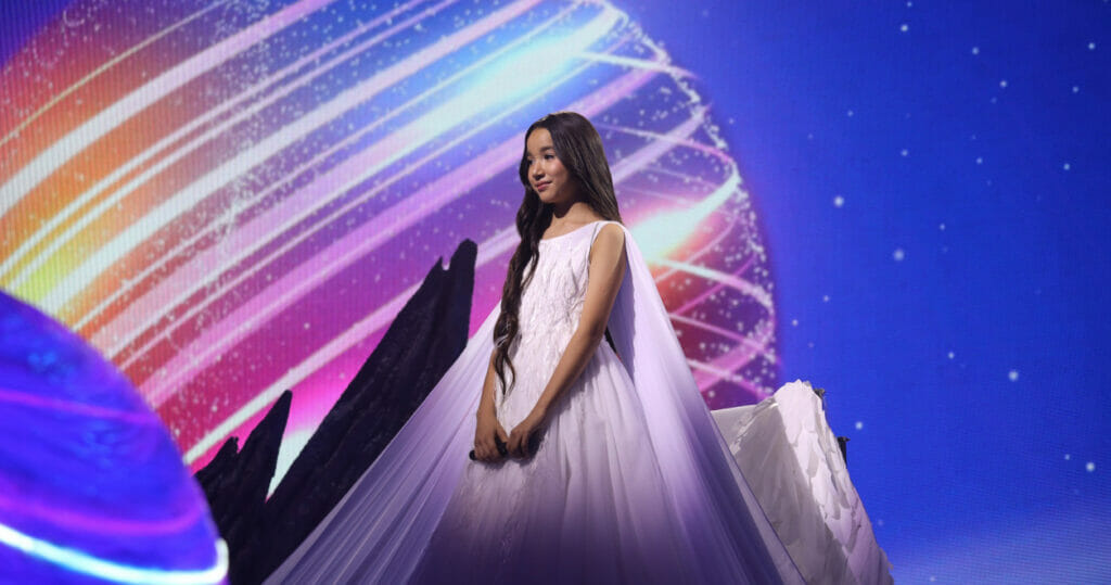 white dress, colorful background